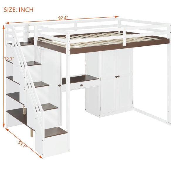 English Elm Full Size Teen Loft Bed with Wardrobe Staircase Storage Dressing Table and Led Lights LT000276AAP