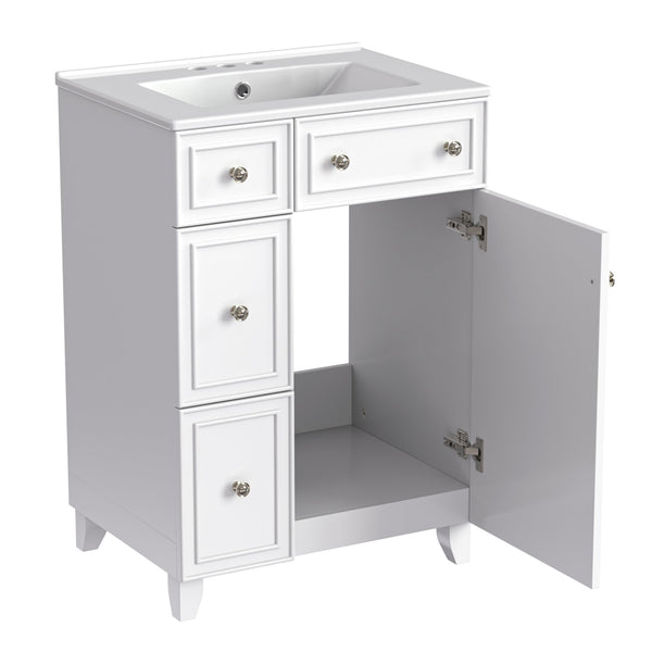 English Elm 24-Inch Bathroom Vanity Cabinet with Ceramic Sink, Space-Saving Storage, Solid Wood Feet, Durable Finish White WF532034AAK