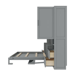 English Elm Queen Murphy Fold Down Wall Bed with Wardrobe Drawers and Shelves for Guest Rooms Gray LP000909AAE-2