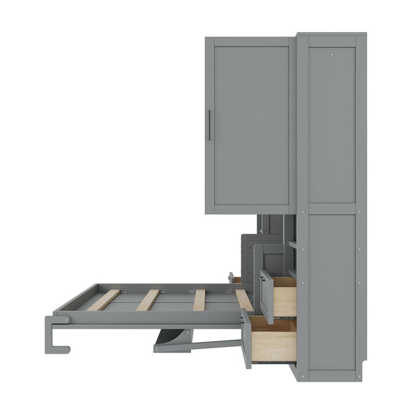 English Elm Queen Murphy Fold Down Wall Bed with Wardrobe Drawers and Shelves for Guest Rooms Gray LP000909AAE-2