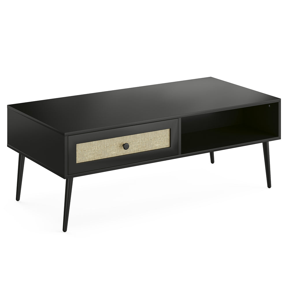 English Elm Mid-Century 47" Rectangle Console Coffee Table with Rattan Drawer & Open Shelf, Metal Legs, Black - Stylish Storage and Durable Design T3623P379996