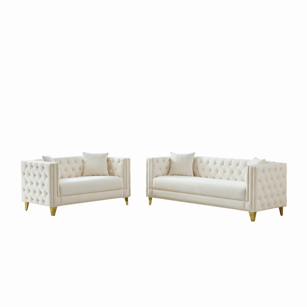 English Elm Chesterfield Velvet Sofa Set - Elegant 3+2 Seater With Button Tufting & Square Arms For Comfort W3373S00030