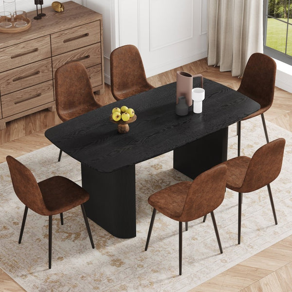 English Elm Table Set: Modern 67" Black Wood Grain Dining Table With 6 Comfortable Techno-Fabric Chairs, Durable Design W1151S04152-GIGA
