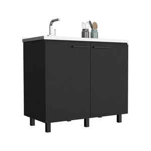English Elm 2 Freestanding Utility Base Cabinet with Stainless Steel Top, Black Engineered Wood, Large Shelf & Handles B097S00111