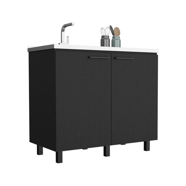 English Elm 2 Freestanding Utility Base Cabinet with Stainless Steel Top, Black Engineered Wood, Large Shelf & Handles B097S00111