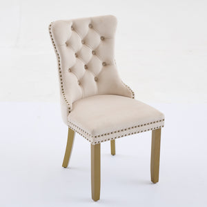 English Elm Mid-Century Tufted Velvet Dining Chair with Lion Head Pull Ring, Gold Legs, Nailhead Trim, Luxurious Support Beige W1143P233644