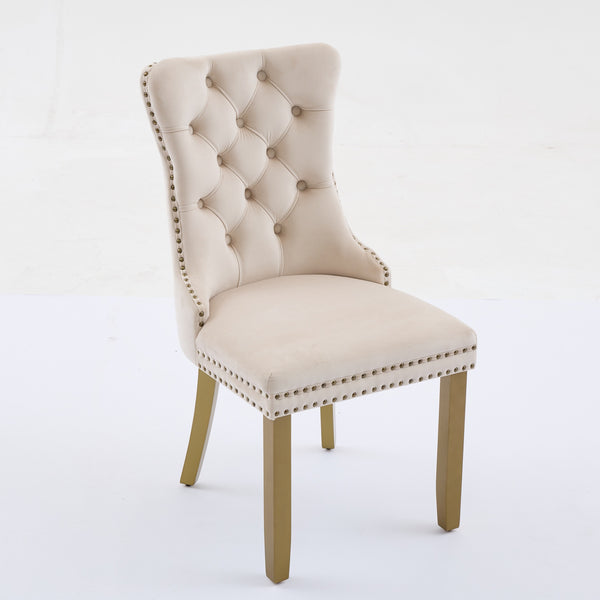 English Elm Mid-Century Tufted Velvet Dining Chair with Lion Head Pull Ring, Gold Legs, Nailhead Trim, Luxurious Support Beige W1143P233644