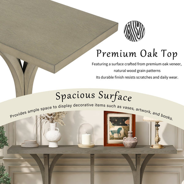 English Elm U-style Farmhouse Console Table Oak Veneer Top Curved Rubberwood Legs Entryway Gray N711P295300E