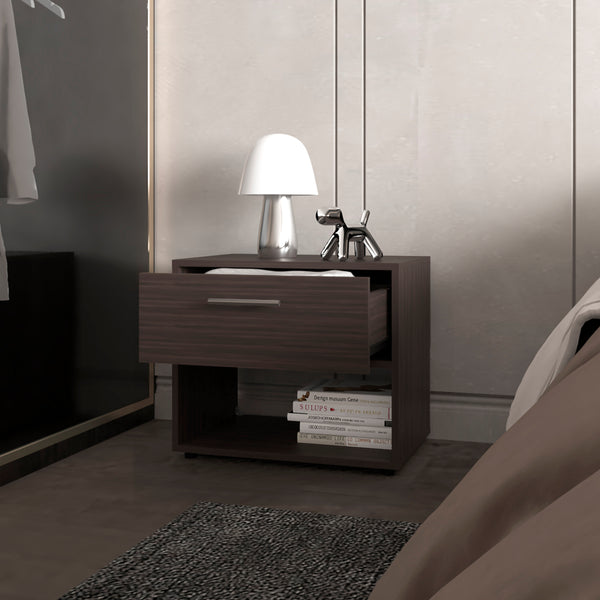 English Elm Beryl Dark Walnut Nightstand with Drawer & Open Shelf — Engineered Wood, Space-Saving Elegant Design B092P286116