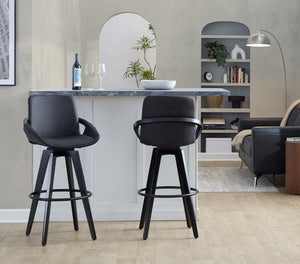 English Elm Fixed-height Swivel Barstools Upholstered Grey Fabric Black Wood Legs Kitchen Set of 2 B202S01896