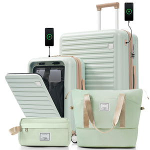 English Elm 4-piece Hard Shell Luggage Set with Usb Ports Tsa Lock and Front Access Carry-on Green N726P268997B