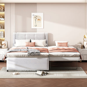 English Elm Full Size Upholstered Platform Bed With Versatile Trundle - Stylish Beige Design For Any Space! DL001678AAA