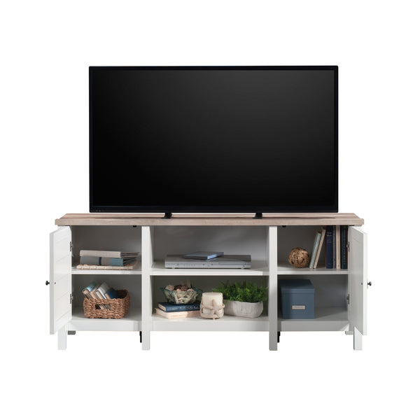 English Elm Credenza, Stylish White Finish Media Stand With Adjustable Shelves For Modern Storage Solutions B356P402675