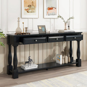English Elm Trexm Distressed Entryway Console Table Three Drawers Open Shelf Mediterranean Wood Espresso N715P372052B