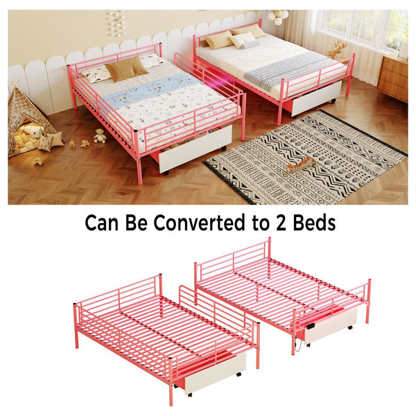 English Elm Bunk Bed Convertible Twin Over Metal Frame with Guardrail for Kids Rooms W3752S00008