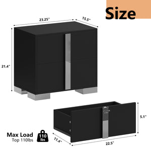 English Elm Modern Two Drawer Nightstand with Slim Metal Legs and Mirrored Bar Handles for Bedroom Black W5271P416540