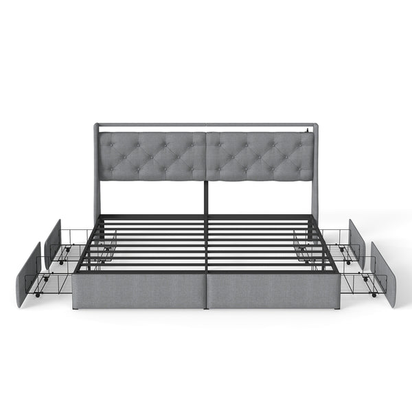 English Elm Queen Storage Platform Bed with Rgb Lighting Linen Headboard and Built-in Charging T3963P437337