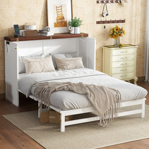 English Elm Murphy Cabinet Bed Full Pine Frame Built in Charging Station Drawer Studio Guest Room W504S00192