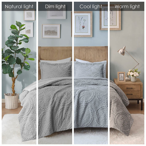 English Elm Twin Arya Embroidered Medallion Faux Fur Ultra Plush Comforter Mini Set in Grey — Cozy, Machine Washable Luxury B03597084