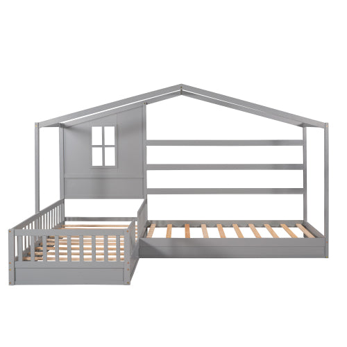 English Elm Wood House Bed L Shaped Twin Frame Solid Pine Kids Bedroom with Fence Rail Slats LP001345AAE