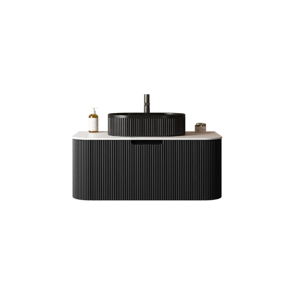 English Elm Dina Floating Bathroom Vanity Sintered Stone Top Glass Basin Striped Plywood Cabinet W2615S00709