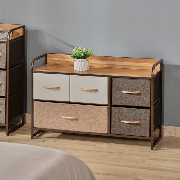 English Elm HOMCOM 5-Drawer Fabric Dresser with Wood Top — Slim Tower Organizer, Foldable Drawers, Steel Frame W2225P249993