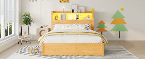 English Elm Twin Wood Storage Bed with Led Headboard Drawers and Pull Out Cabinet for Kids Natural W2593S00051