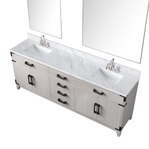 English Elm White Oak Double Bath Vanity Set With Carrara Marble Top, Faucets, & Matching 36 In. Mirrors B2731S01872-GIGA