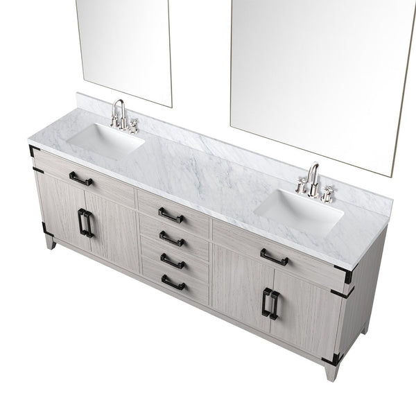 English Elm White Oak Double Bath Vanity Set With Carrara Marble Top, Faucets, & Matching 36 In. Mirrors B2731S01872-GIGA