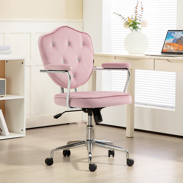 English Elm Homcom Glamorous Pink Velvet Swivel Office Chair With Rhinestone Accents For Stylish Comfort & Mobility W2225P250016