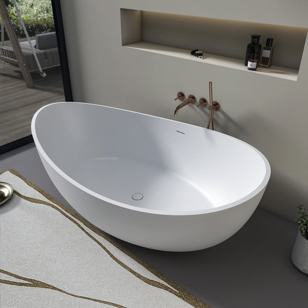English Elm 70 Inch Stone Resin Freestanding Soaking Tub Matte White Sculptural Spa Bath W1613P436815