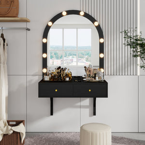 English Elm Floating Makeup Vanity Desk with LED 3-Mode Mirror, USB/Type-C Charging Port and Spacious Drawers Black N844P263662B