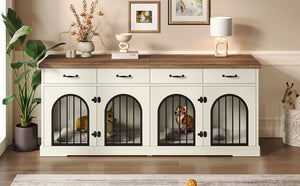English Elm 70.8" Dual Dog Kennel Console Mdf Cabinet with Arched Iron Doors and Four Drawers N704G201616A