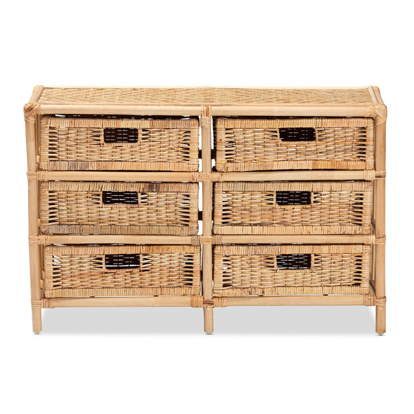 English Elm Modern Woven Rattan Six Drawer Cabinet Bohemian Storage for Bedroom or Living Room B2750P470040