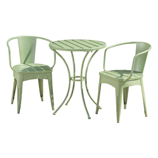 English Elm Colmar Outdoor Iron Bistro Set Powder Coated Slatted Armchairs Round Patio Table Green 56558.00MCG