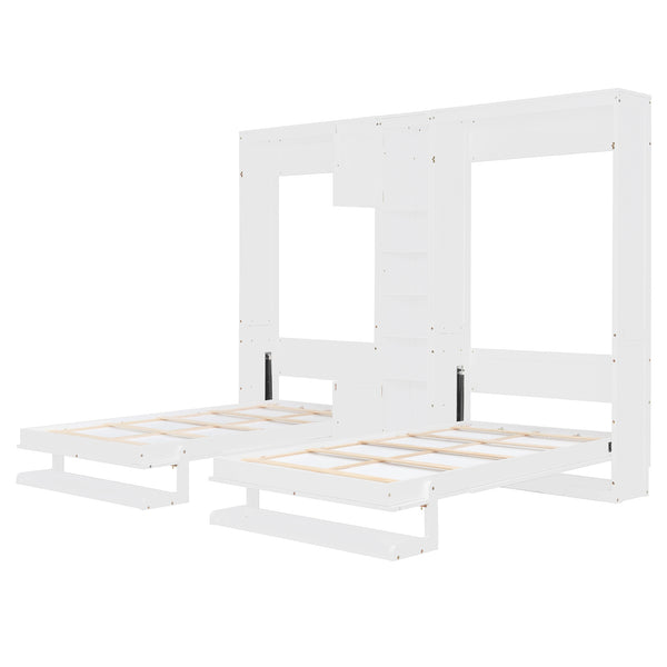 English Elm Dual Twin Wall Murphy Beds with Storage Tower Shelves for Kids or Guest Rooms White N820S00058K-1