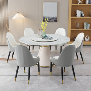 English Elm Round Sintered Stone Dining Set Sculptural Petal Base Six Pu Leather Chairs Modern W509S00181