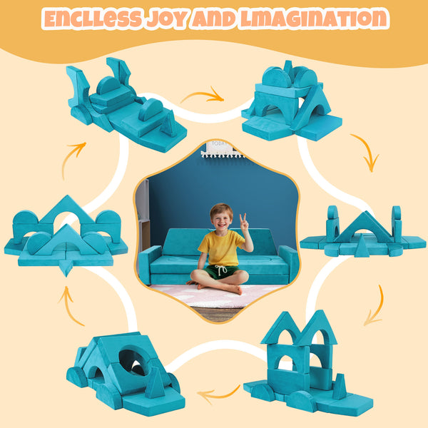 English Elm 15pcs Modular Toddler Play Couch Set Velvet Foam Fort Building Playroom Seating Cyan T5880P493416