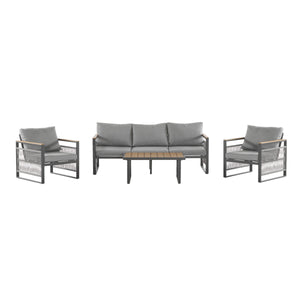 English Elm Christopher Knight Home® - 4-Pieces Outdoor Metal Patio Furniture Set with Deep-Seat Cushions, Teslin Rope, Wood-Look Tabletop, Rust-Resistant Frame Natural+Grey N780P2540723G