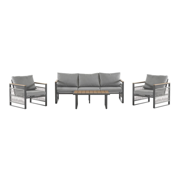 English Elm Christopher Knight Home® - 4-Pieces Outdoor Metal Patio Furniture Set with Deep-Seat Cushions, Teslin Rope, Wood-Look Tabletop, Rust-Resistant Frame Natural+Grey N780P2540723G