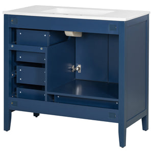 English Elm 36" Solid Pine Bathroom Vanity with Ceramic Sink 4 Soft Close Drawers Vintage Style Blue N759S293646C