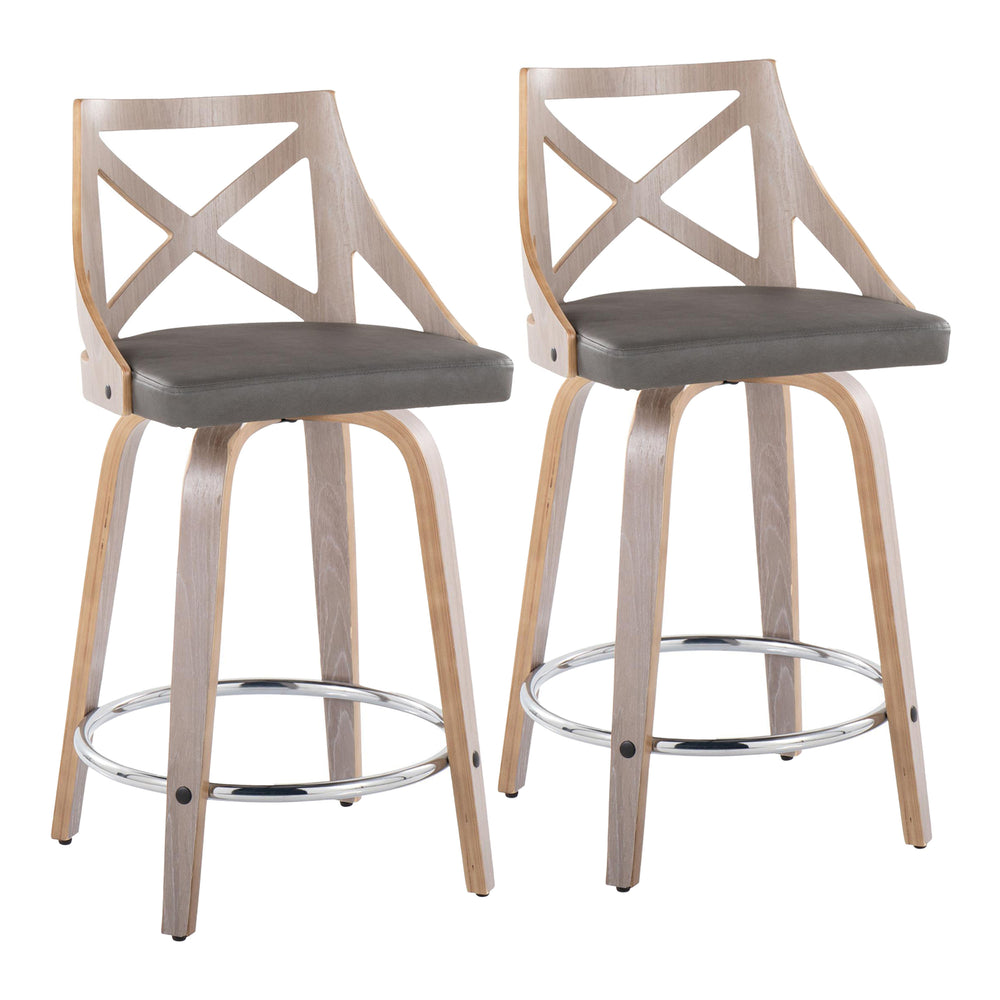 English Elm Fixed-height Swivel Counterstools Mahogany Wood Chrome Footrest Velvet Seat Set of 2 B202S01743
