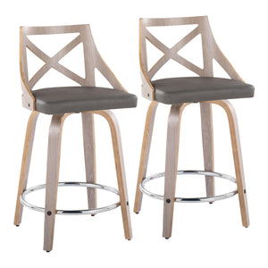 English Elm Fixed-height Swivel Counterstools Mahogany Wood Chrome Footrest Velvet Seat Set of 2 B202S01743