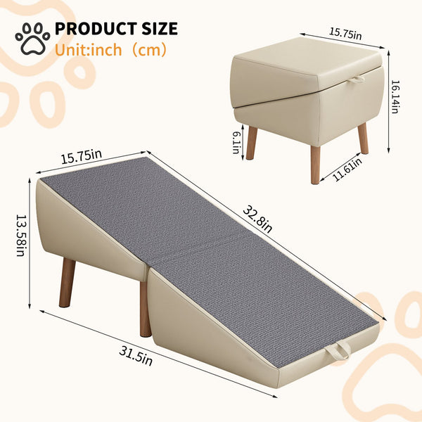 English Elm Dog Pet Stairs Solid Wood Foldable Ramp with Ottoman Style for Couch or Bed Light Gray W2641P440162