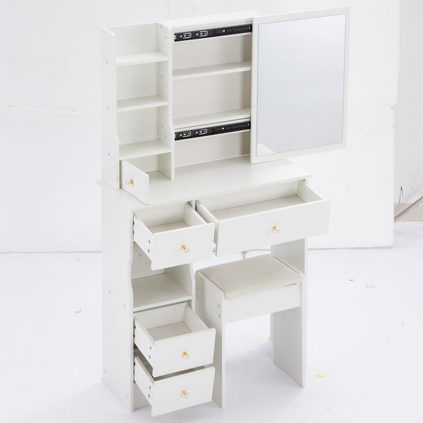 English Elm 29.2" Stylish Compact Vanity Table Set With Cushioned Stool & Large Sliding Mirror For Small Spaces W936P226026