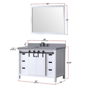 English Elm White Bath Vanity Set With 48" Cabinet, Grey Quartz Top, Matte Black Faucet & 44" Mirror For Elegance B2731S01277-GIGA