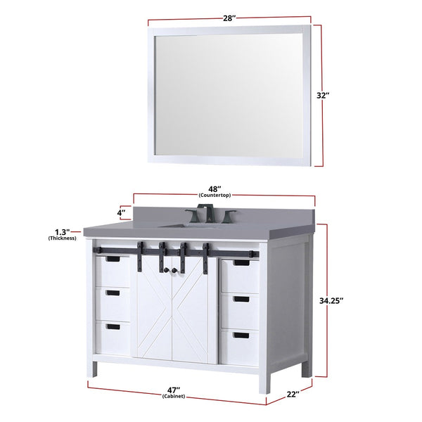 English Elm White Bath Vanity Set With 48" Cabinet, Grey Quartz Top, Matte Black Faucet & 44" Mirror For Elegance B2731S01277-GIGA