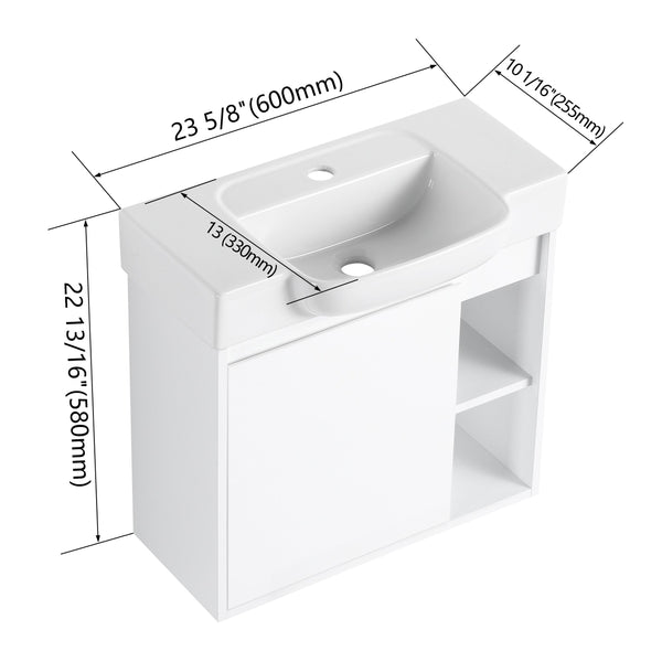 English Elm 24'' Floating Wall Mounted Bathroom Vanity with Ceramic Sink and Soft Close Cabinet Glossy White W999P426636
