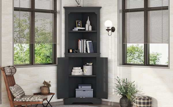 English Elm Tall Corner Cabinet with Doors - Slim Black Storage Tower for Living Room, Bathroom, Kitchen, Office W1580P332942