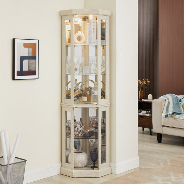 English Elm Corner Curio Cabinet Lighted Glass Display Case with Mirrored Back for Living Room Antique White W2275P194429